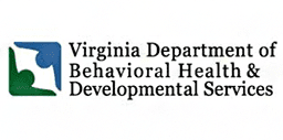 Logo for Virginia Department of Behavioral Health and Developmental Services - Ariel square view of blue and green figurine touching with stretched out arms - Timber Ridge School is licensed by VDBHDS