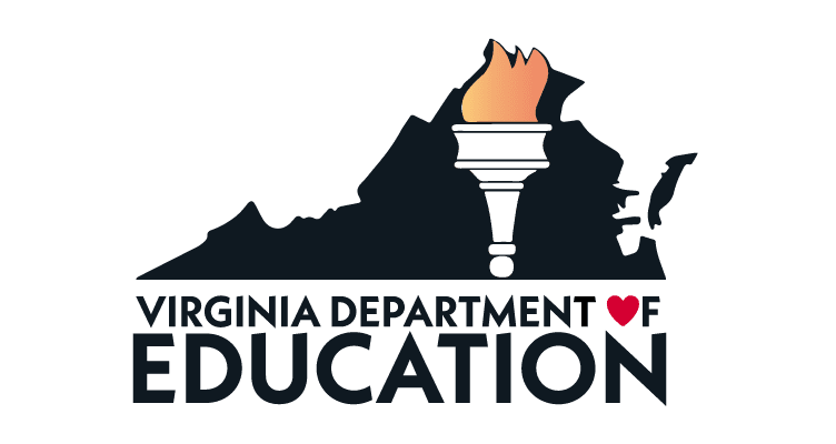 Logo for the Virginia Department of Education - black outline of the state of Virginia with torch on it - Timber Ridge School is licensed by VDOE