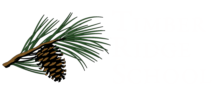 Logo Pinecone with stacked white words of Timber, Ridge, School