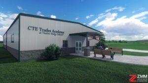 Building rendering for the new CTE Trades Academy for career and technical programming for boys and young men