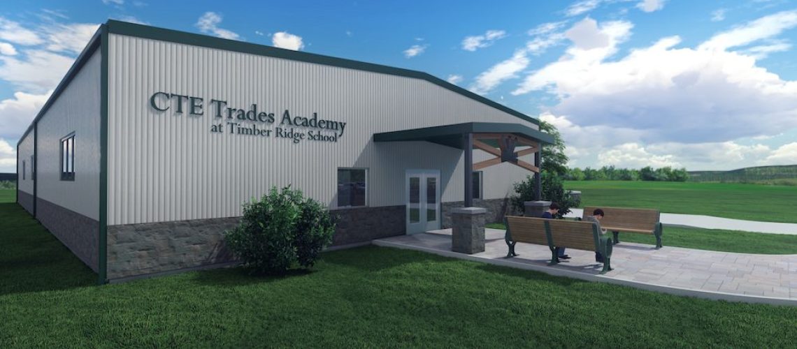 Building rendering for the new CTE Trades Academy for career and technical programming for boys and young men